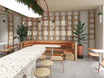 现代北欧快餐店 快餐店汉堡店 餐厅卡座 餐厅中岛 植物爬藤 盆栽高脚凳