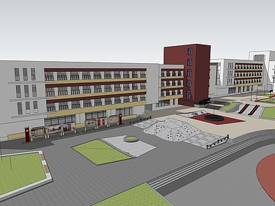 现代新中式学校建筑 学校操场 教学楼学校
