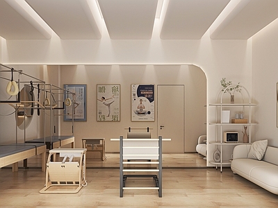现代原木健身房 普拉提床 健身器材 健身房休闲沙发 瑜伽训练室 健身房收纳置物柜