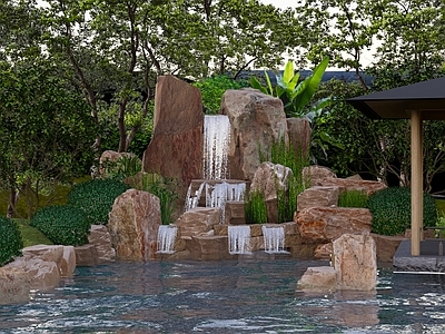 新中式日式水景 景石假山瀑布水景 柏坡黄景石水景 景石跌水景观 景石瀑布水景 叠石假山水景