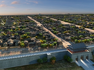 中式其他景观 俯视古城建筑景观 古建 巴蜀古城 城墙 围城 古建 古城鸟瞰 树木 式中房屋 小品