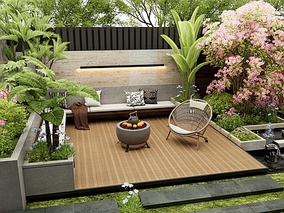 现代庭院 别墅庭院 花池 水景 景观座椅沙发 户外椅