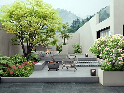 现代庭院 别墅庭院 花草 植物景观 户外椅 灌木