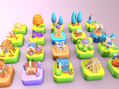 现代艺术风格建筑 卡通植物 小屋 卡通场景 树木 梦幻建筑场景