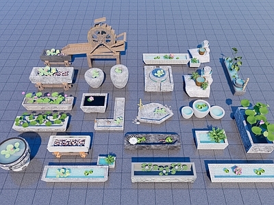 新中式庭院小品 石槽 石臼 庭院景观 庭院小品 荷花水缸