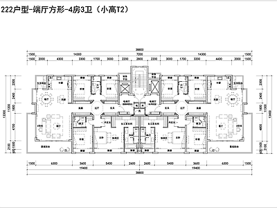 现代住宅楼建筑 220户型平面 现代高层住宅平面 T2高层住宅 高层T2户型 住宅楼建 施工图