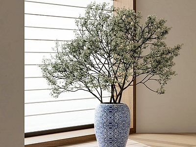 花草 新中式桃花插花 青花瓷花瓶 花瓶花艺摆件
