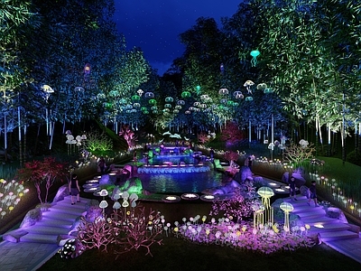 现代滨水景观 水池夜景