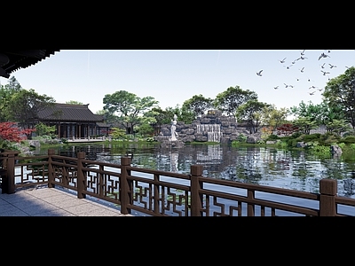 中式景观公园 中式园林庭院 假山跌水 中庭亭廊桥 网红酒厂改造