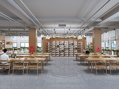 现代简约图书馆 现代图书馆 书桌椅 书模 装饰画 窗帘