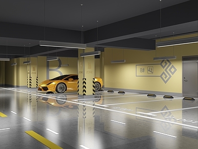 现代室内停车场 地下车库 墙面分区 地坪 交通设施