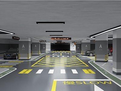 现代室内停车场 环氧地坪 车位 导视系统 地面划线 地下车库