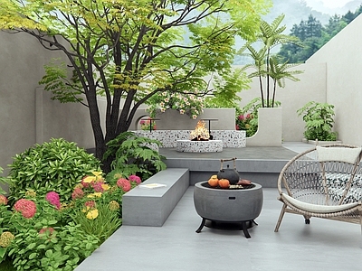 现代庭院 别墅庭院 户外桌椅 花草 灌木 植物堆