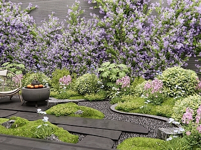 现代庭院 别墅庭院 藤蔓 花草 灌木 户外桌椅