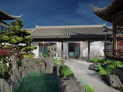 新中式别墅庭院 新中式庭院 假山流水 中式山水装饰