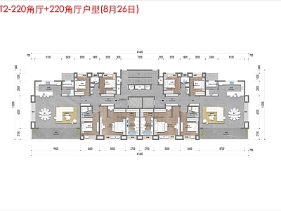 现代住宅楼建筑 现代高层住宅平面 220户型平面 220高层平面 T2高层住宅 高层T2户型 施工图