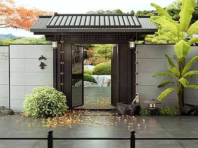 新中式日式庭院门 庭院花园 红枫 芭蕉 水钵 雨链