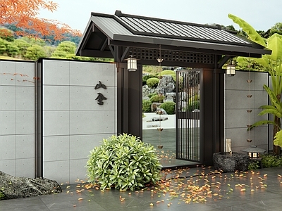 新中式日式庭院 庭院大门 别墅庭院 芭蕉 红枫 水钵