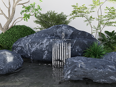 新中式禅意水景 流水景石 整石水景 黑山石水景 景观石 庭院水景