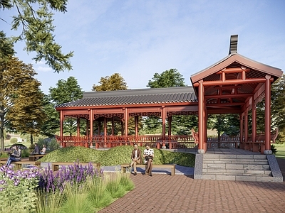 新中式中式古建筑 连廊 中式 古建 L型