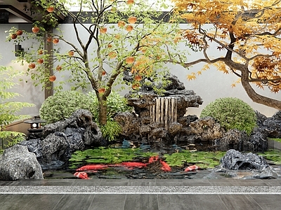 日式新中式假山水景 鱼池 水景 假山 柿子树 植物景观