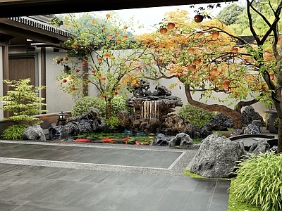 中式庭院 别墅庭院 假山水景 鱼池 柿子树 植物造景