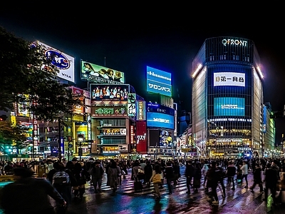日式现代街道外景 商业街外景 街道夜景 城市广场 人行道路人 商场商店建筑外景