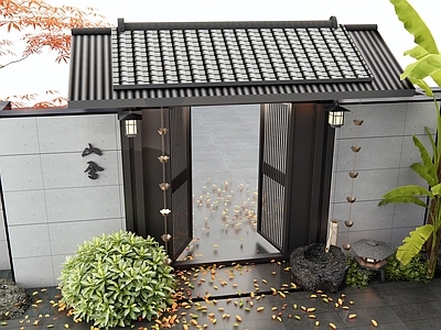 新中式庭院 庭院门 入口大门 雨链 红枫 芭蕉植物