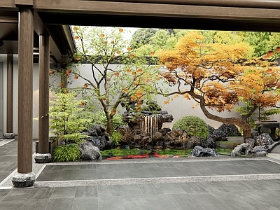 新中式庭院 别墅庭院 假山水景 鱼池 水生植物 果树