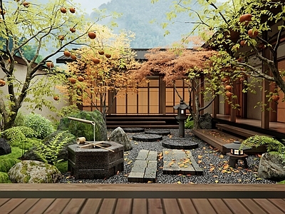 新中式禅意庭院 老石板 汀步 枯山水 柿子树 灌木