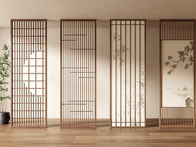 新中式屏风 木屏风 格栅屏风 绢布画 花格 宋式风屏风