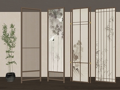新中式屏风 木屏风 格栅屏风 宋式风屏风 花格屏风 绢布画屏风