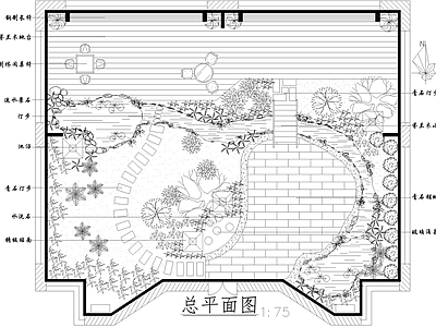 屋顶花园 平面图 植物种植绿化配置 花园景观 木地台流水景石 汀步水池景观桥 施工图