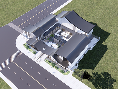 新中式中式民宿建筑 坡屋顶公建