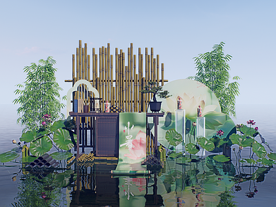 现代新中式其他节日礼美陈 夏至 夏日活动 荷花荷叶 竹子水墨画 字画