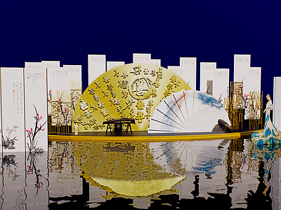现代新中式其他商业美陈单体 网红打卡国潮古风 轻奢 扇子 水墨画 月亮