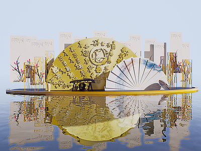 现代新中式中庭美陈 网红打卡国潮古风 月亮 扇子 山水画国画 轻奢