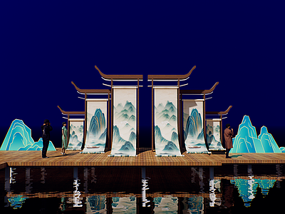 现代新中式夏季美陈 山水画 网红打卡 国潮古风 水天一色 轻奢