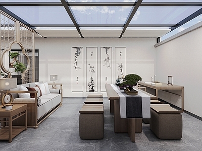 新中式阳台 生活阳台 休闲阳台 茶桌