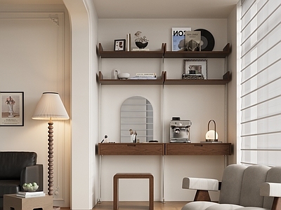 奶油侘寂阳台 休闲阳台 书桌 化妆台 装饰柜 摆件