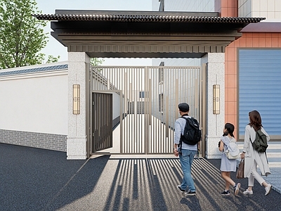 现代新中式入口大门 老旧小区大门改造 老小区入口大门 坡屋顶入口大门 坡屋顶庭院门 格栅铁艺大门