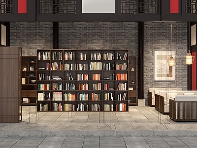 新中式中式图书馆 中式图书室阅读室 中式青砖白缝墙砖 新中式卡座沙发 新中式禅意吊灯 书柜饰品摆件