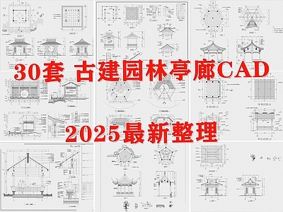 新中式现代亭子 廊亭 景观亭 凉亭 木亭 长廊 施工图