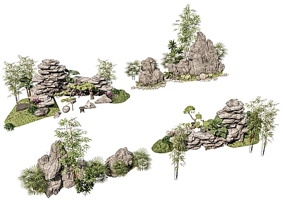 现代新中式假山 新中式庭院石头 庭院石头造景小品 石头岩石 石块碎石岩石 竹子绿植造景