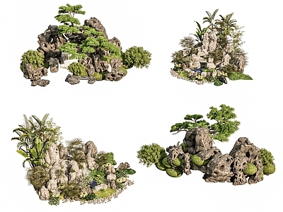 现代新中式假山 新中式庭院石头 庭院石头造景小品 石头岩石 石块碎石岩石 竹子绿植造景