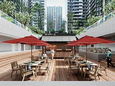 现代商业街 下沉式商业广场 咖啡小木屋 户外桌椅 户外庭院 广场商业街