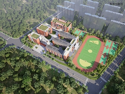 现代学校建筑 学校操场 教学楼学校