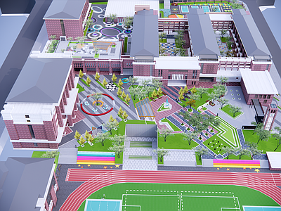 现代校园景观 校园广场 校园休闲空间 红砖校园 中学景观 校园活动广场