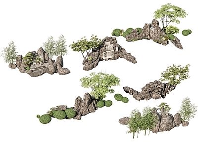 新中式现代假山 新中式庭院石头 庭院石头造景小品 石头岩石 石块碎石岩石 迎客松绿植造景
