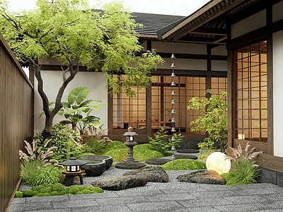 日式新中式庭院 枯山水 汀步 植物景观 景观石头 植物造景